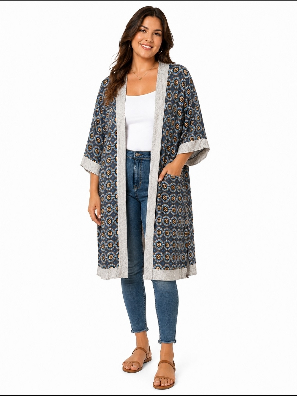 Sloane Rouge Blue/Grey Open-Front Kimono Cardigan with Contrast Trim